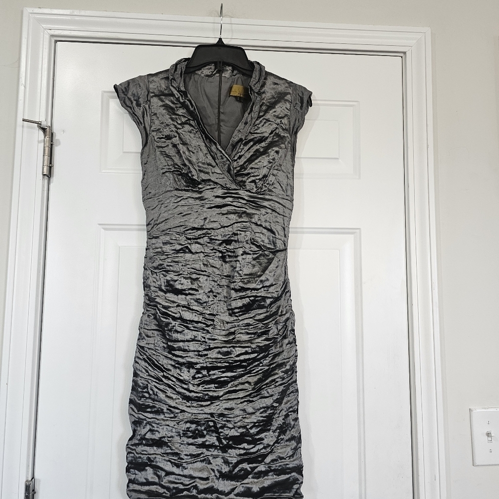 Nicole Miller Elegant Gray Ruched Metallic Dress Size 10P